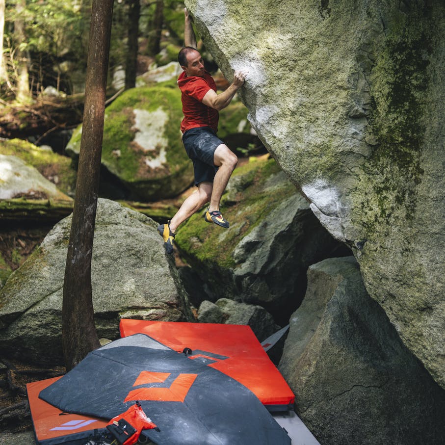 BD athlete Carlo Traversi attempts a boulder in Squamish, BC.