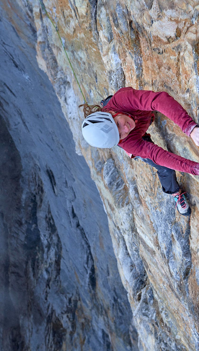 Babsi Zangerl climbs Odyssee 8a+ (5.13c) on the North Face of the Eiger