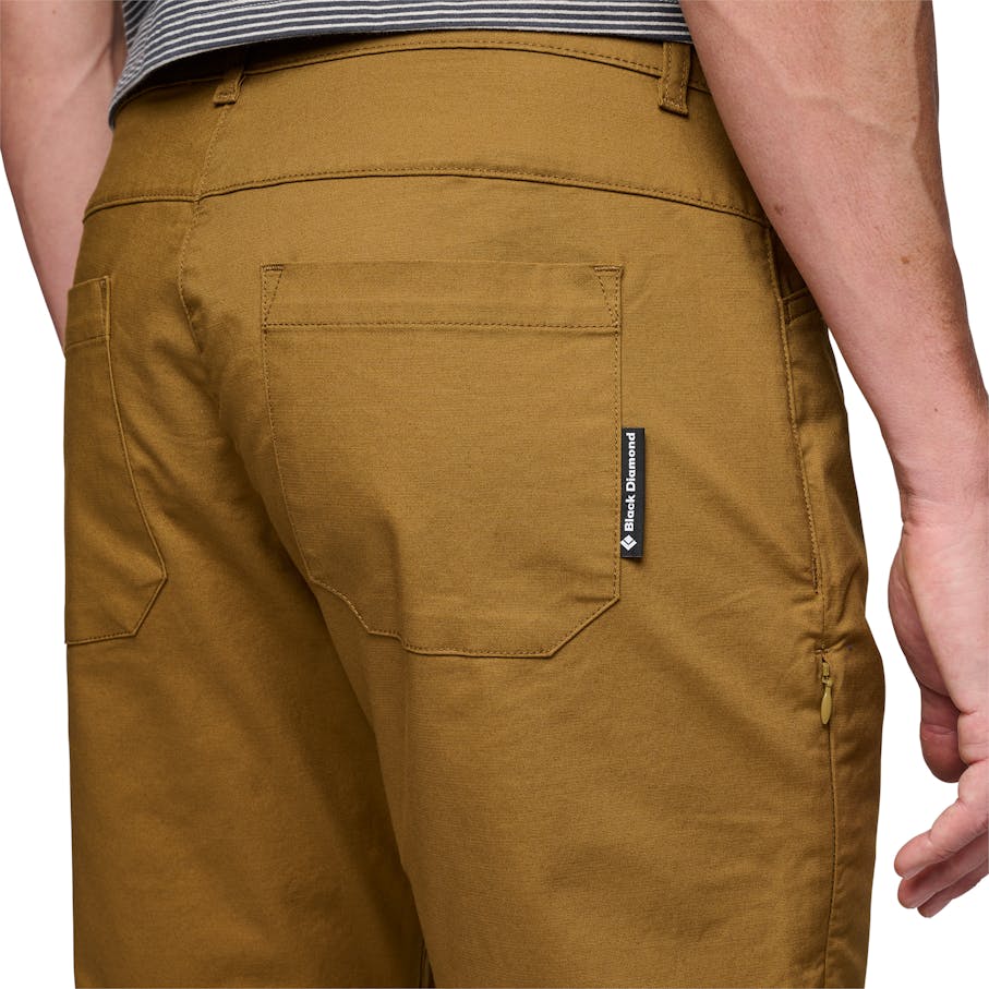 Two rear drop-in pockets and right zip pocket.