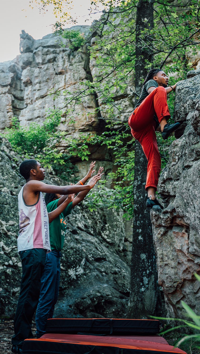 HBCUs Outside climbing at a bouldering wall. 