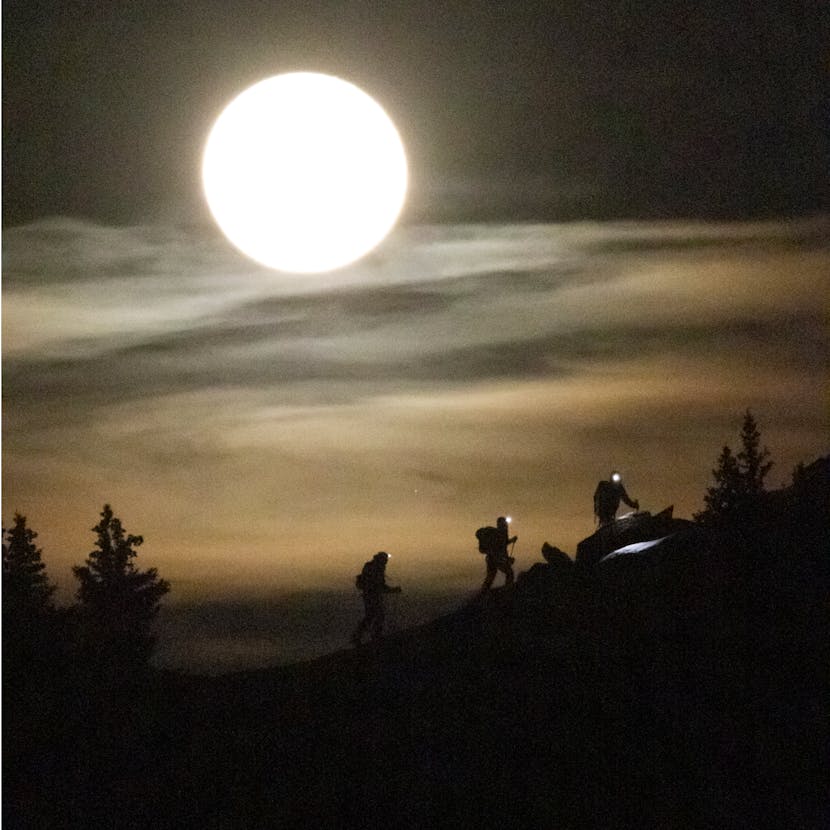 A party of backcountry skiers travel under the moon with their black diamond headlamps lighting the way. 
