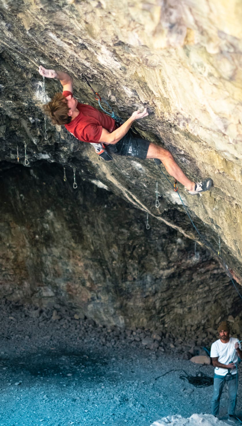 Black Diamond athlete Colin Duffy climbing Ice Cream (5.14c) in American Fork Canyon, UT. 