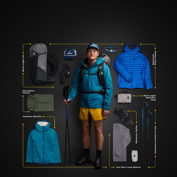 The Fastpacking Kit. An image of a hiker with all gear laid out next to them.