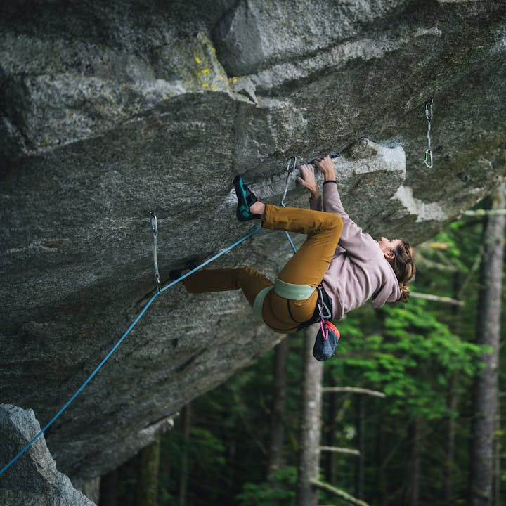 BD athlete Colette McInerney leads up a climb in Squamish, BC. 