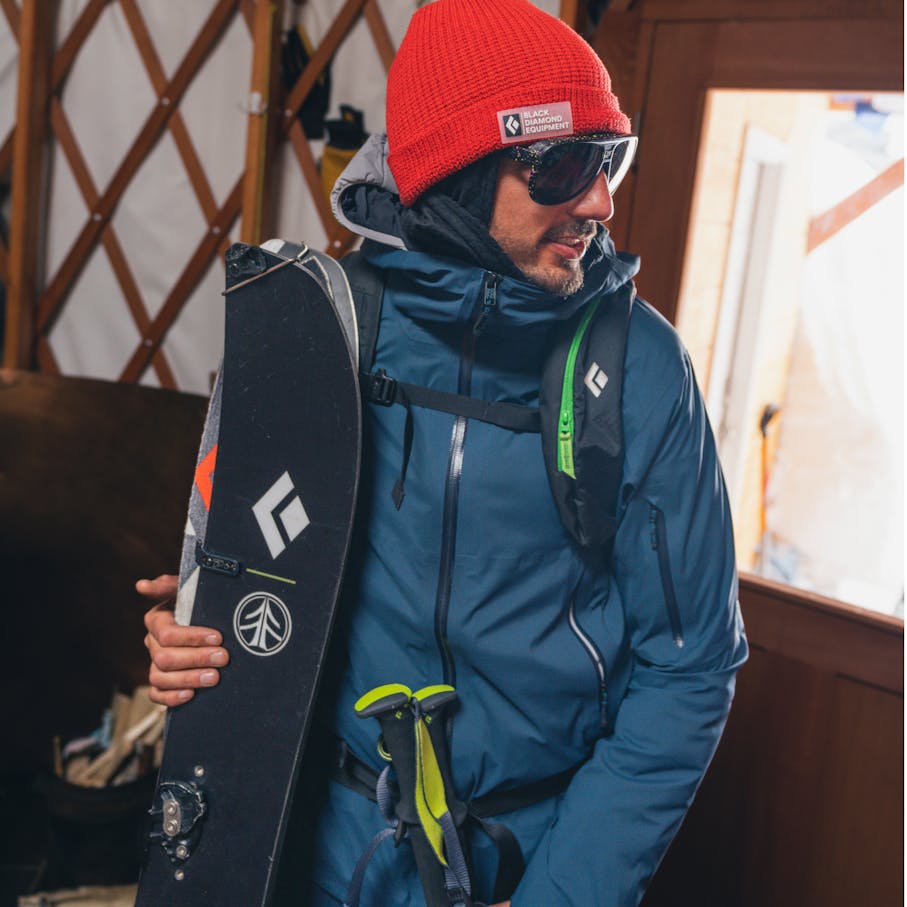 Black Diamond ambassador Justin Morgan wearing the Recon LT Ski Shell.