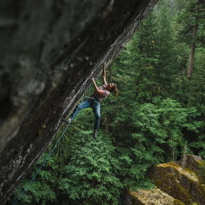 A climber attempts a steep route in Squamish, BC. 