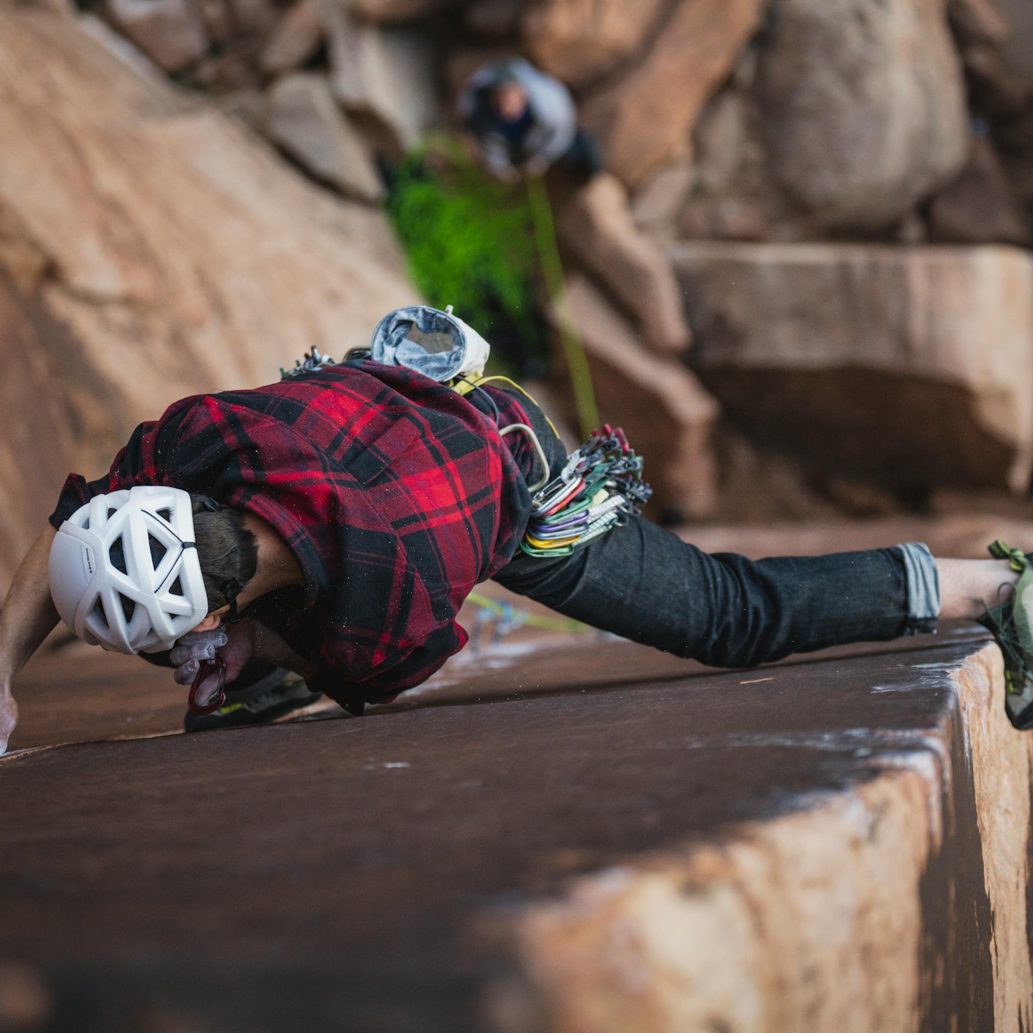 Black Diamond athlete Conor Herson climbing in the Forged Denim Pants.