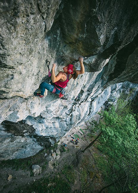 Photo of Babsi Zangerl rock climbing.