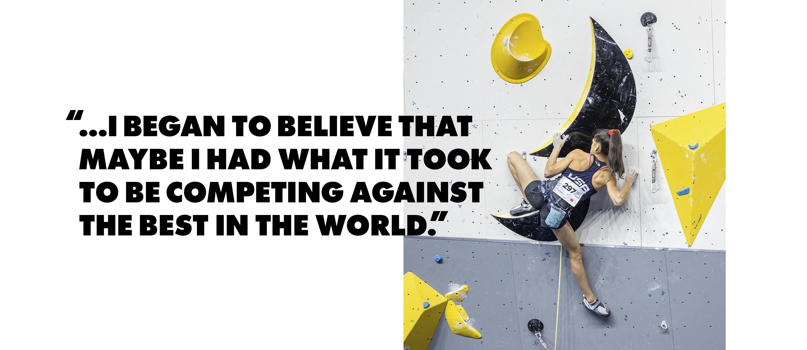 Pull quote with Black Diamond Athlete Natalia Grossman bouldering. In her first World Cup season, BD Athlete Natalia Grossman clinches the overall bouldering gold and takes silver in lead. Photo by Jan Virt