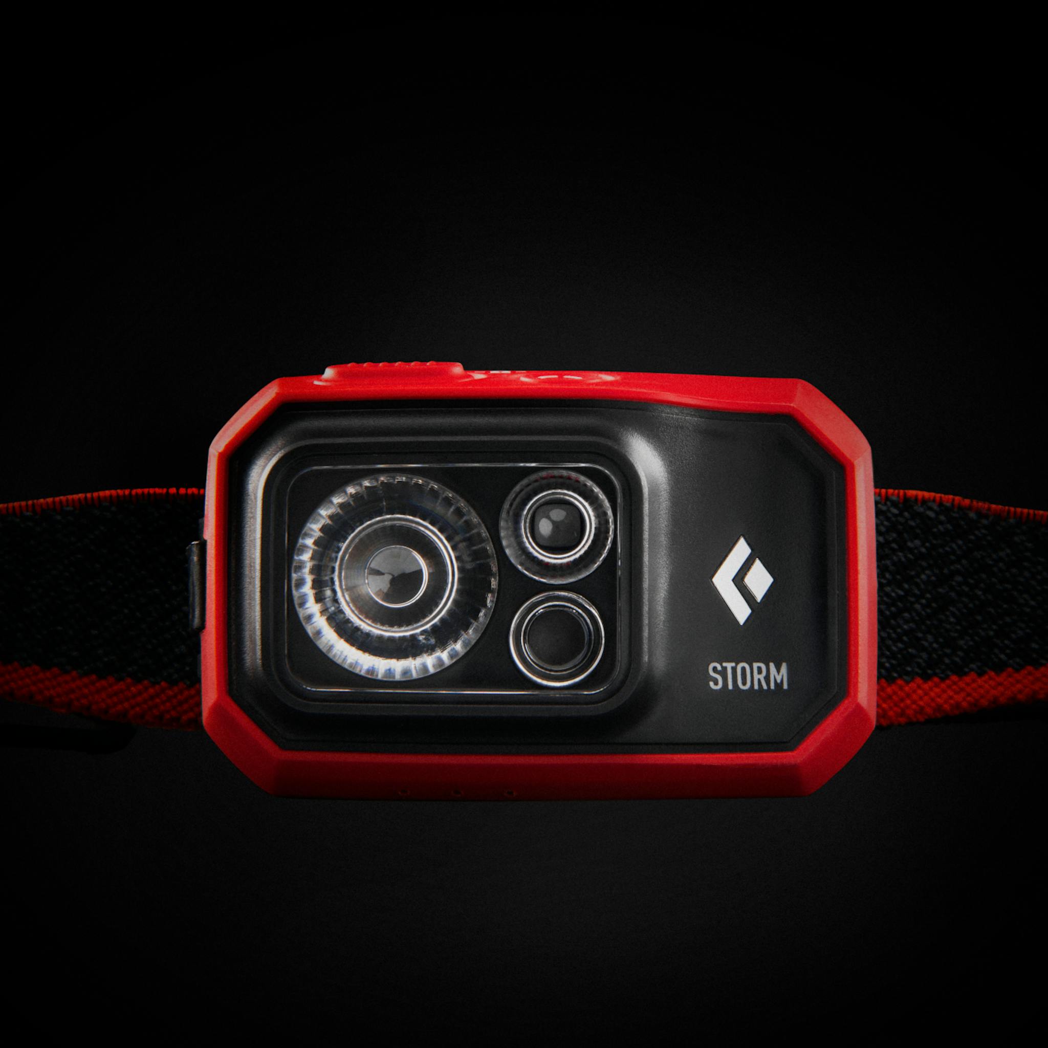 A close up of the Storm 450 headlamp with a black background.