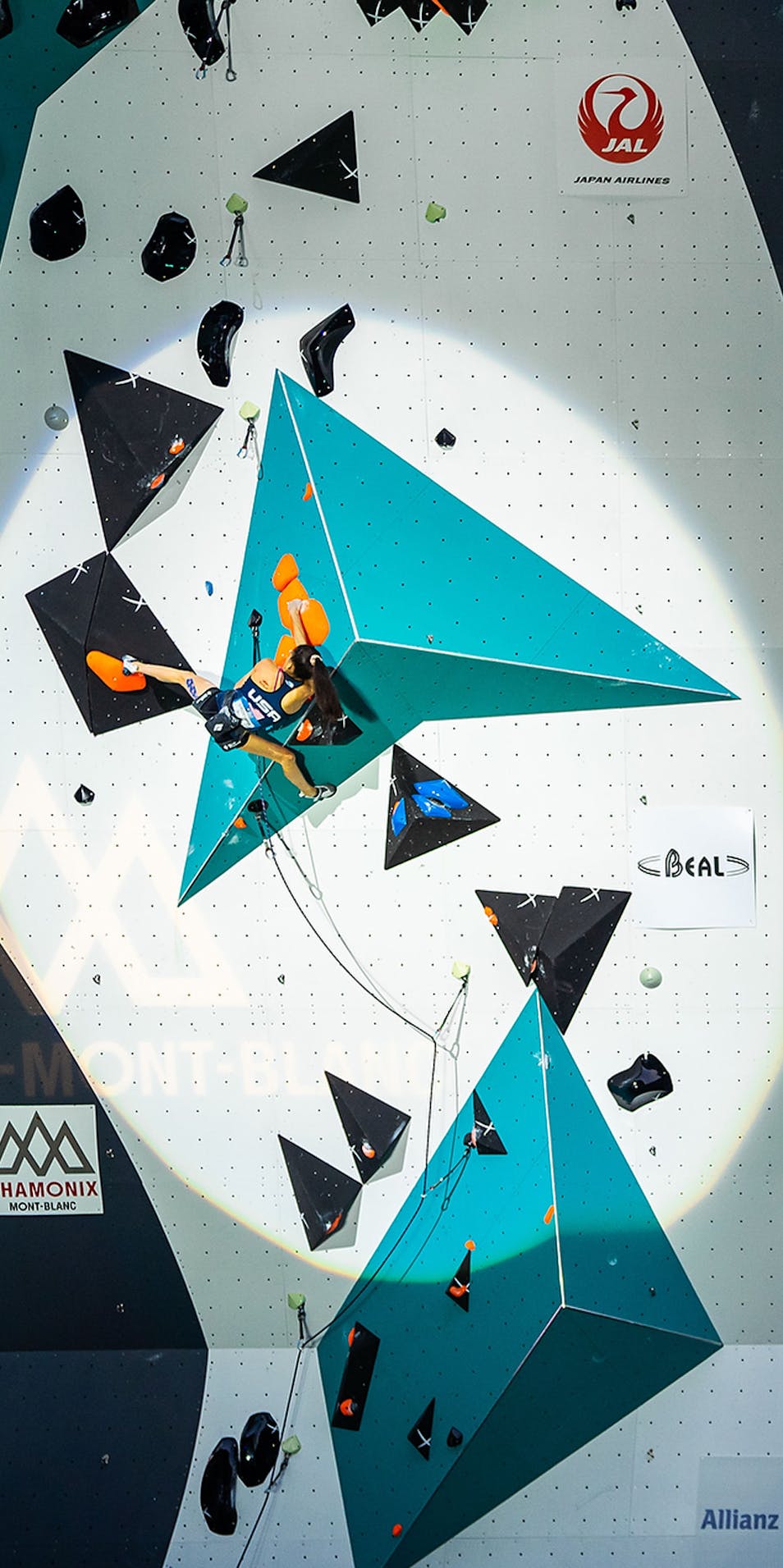 Black Diamond athlete Natalia Grossman climbing in a world cup climbing competition. 