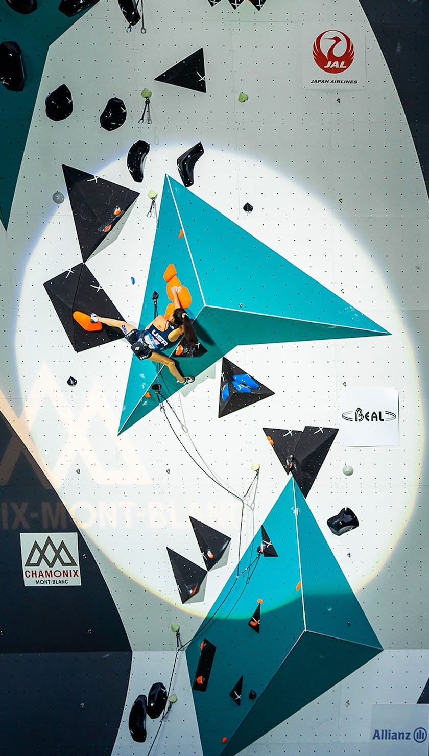 Forged For Gold. Black Diamond athlete Natalia Grossman climbing in a world Cup competition. 