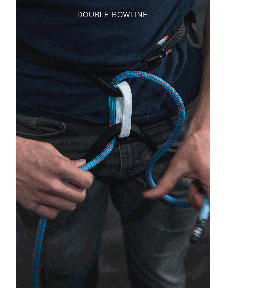 A climber ties in with a double bowline knot.