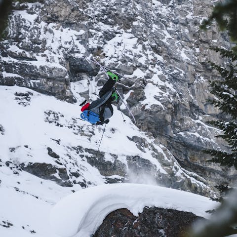 Black Diamond Athlete Isaac Freeland doing a trick in the Montana backcountry. 