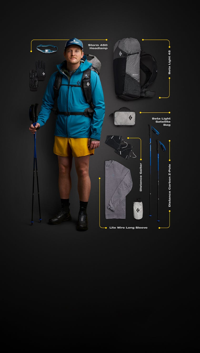 The Fastpacking Kit 3. An image of a hiker with all gear laid out next to them.