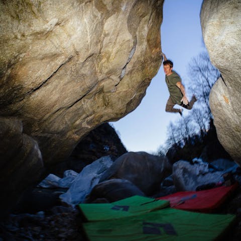 Black Diamond athlete Kim Marschner bouldering in Ticino.