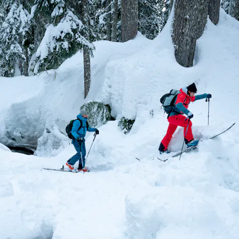 Two skiers both with Black Diamond Dawn Patrol Packs work their way up the trail in the morning. 