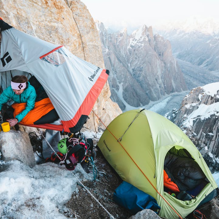 Babsi Zangerl preps for a day of alpine climbing in a BD tent and portaledge. 