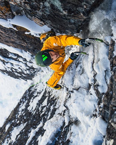 BD athlete Andres Marin ice climbing. 