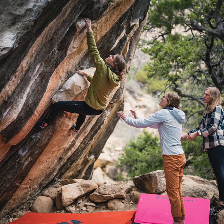 A group of climbers out bouldering all wearing Black Diamond Climbing pants. 