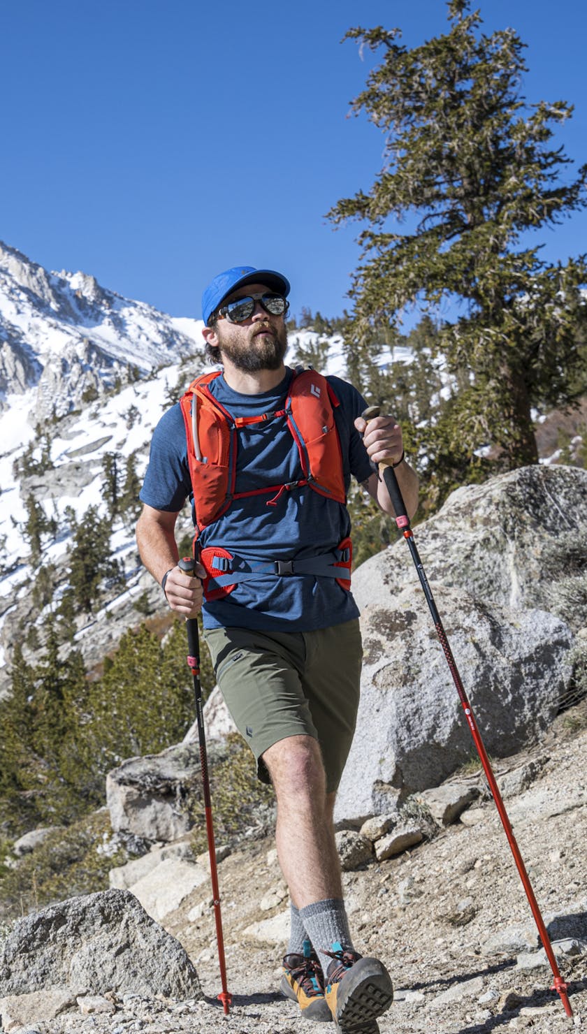 Spring for the Trail. A hiker using the Pursuit trekking poles and pack. 