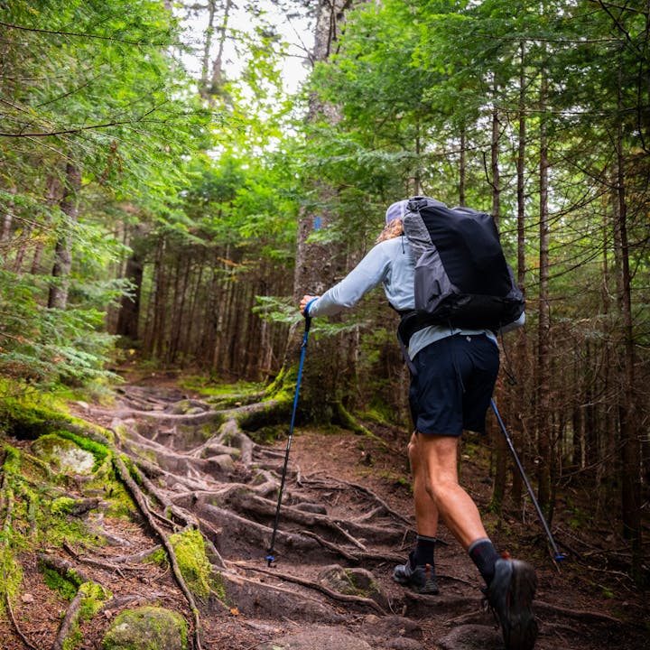 A fast packer in a Beta Light Pack treks through a forest. 