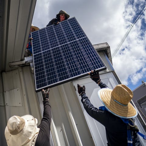 Solar panels being installed by the Honnold Foundation crew. Photo by Ricardo Arduengo