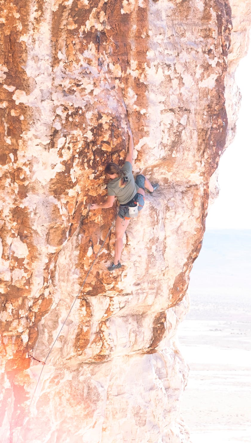 A climber attempts Blood Meridian (5.13c) in Ibex, UT.